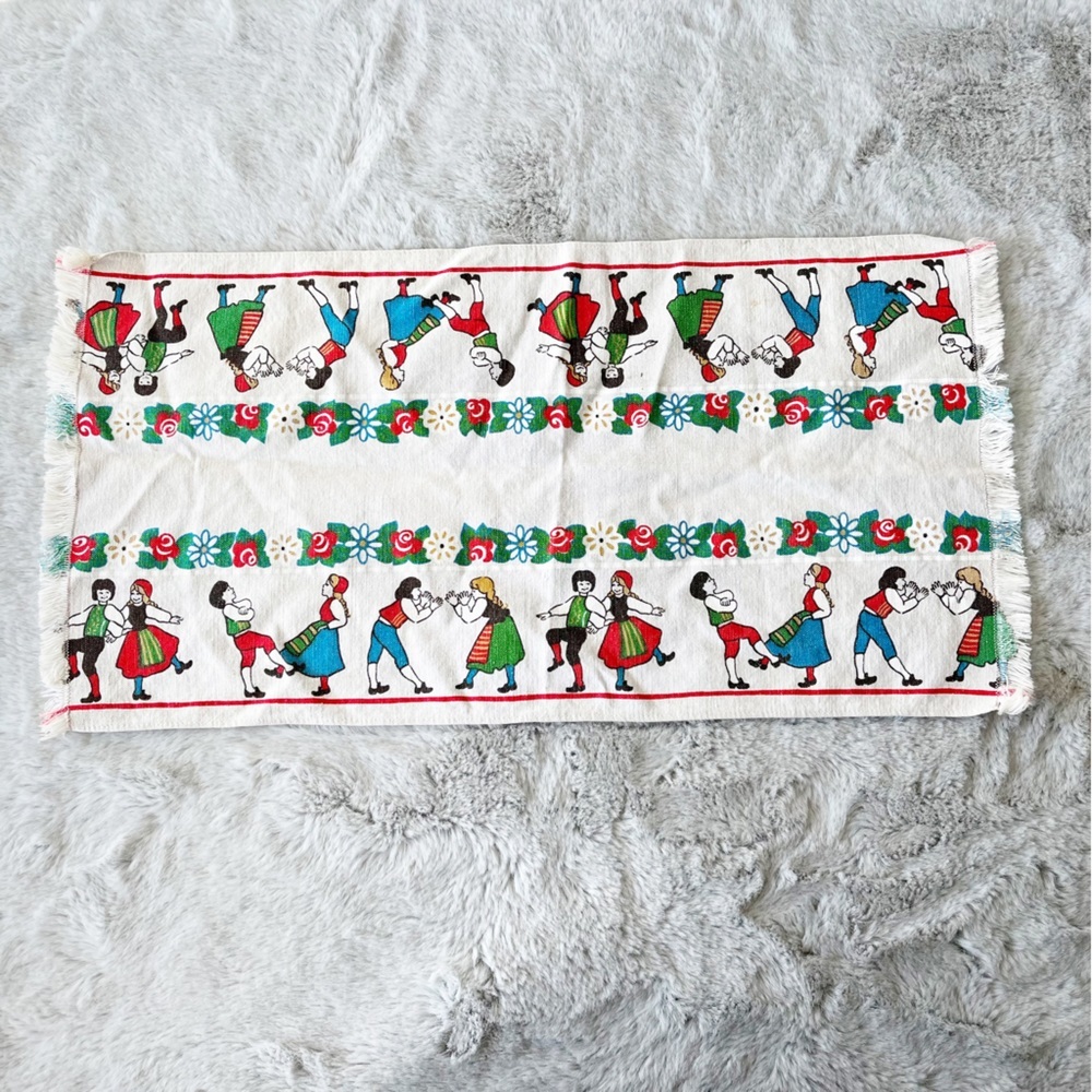 VINTAGE Colorful Dancing Dutch People Printed Dish Towel / Table Runner